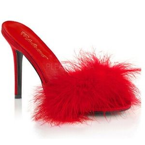 SOLD | Red Satin Furry Slippers - 4” Heels  ❤️‍🔥